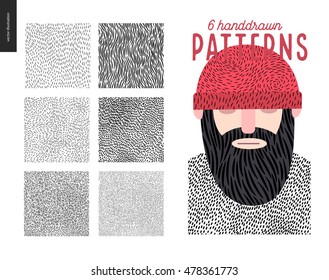 Handdrawn patterns set. Fur seamless patterns with an usage example