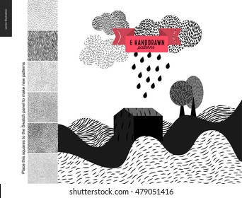 Handdrawn patterns set. Fur seamless patterns with an usage example. Landscape with few patterned hills, rain clouds and trees.