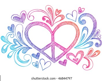 Hand-Drawn Peace Sign Heart Sketchy Notebook Doodles Design Element- Vector Illustration