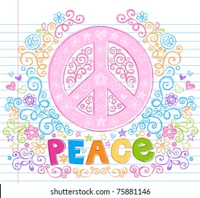 Hand-Drawn Peace Sign Lettering Notebook Doodle Design Elements with Swirls and Flowers- Vector Illustration on Lined Sketchbook Paper Background