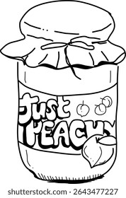 Garatuja de pêssego desenhado à mão com doodle vetor. "Apenas Peachy" jarra de geleia caseira.