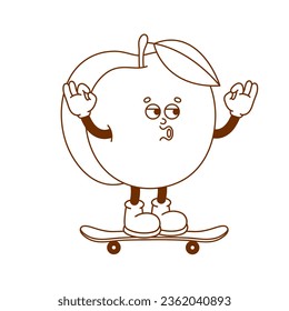 El carácter retro de melocotón dibujado a mano. Ilustración vectorial en el estilo retro de caricatura de moda. Fruta, comida saludable.