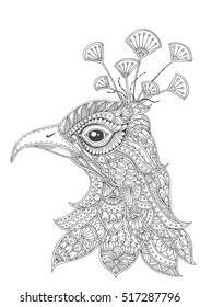 Hand-drawn Peacock with ethnic floral doodle pattern. Coloring page - zendala, design for meditation for adults, vector illustration, isolated on a white background. Zen doodles.