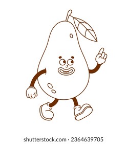 Die handgezeichnete Birne Retro-Charakter. Vektorgrafik im trendigen Retro-Cartoon-Stil. Obst, gesundes Essen.