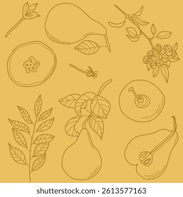 Hand-Drawn Pears and Leaves Pattern on Yellow Background. Delicate hand-drawn illustrations of fruits, leaves, and branches arranged on a solid yellow background, ideal for decorative, artistic