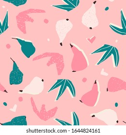 Hand-drawn pears and leaves seamless pattern in vector