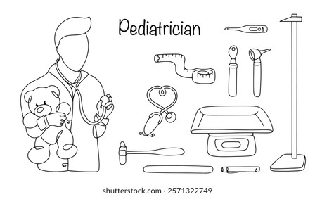 Hand-drawn pediatric doctor and his main working tools for examining patients and making a diagnosis. A doctor who treats infants, children and adolescents. Vector illustration.