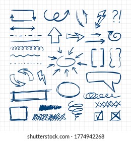 Handdrawn pen design sketch elements. Direct curved arrows lightning braces curly and simple graphic underlines conversational frames abstract swirl. Vector doodle style.