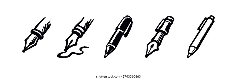 Hand-drawn pen icons set including fountain pens, nibs, and ballpoint pens for writing and artistic designs.