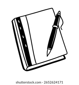 Handdrawn a pen resting on a closed notebook with pages a writing