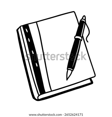 Handdrawn a pen resting on a closed notebook with pages a writing