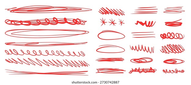 Caneta desenhada à mão sublinha rabiscos abstratos. Linhas de realce de texto, conjunto de ovais de ênfase. Rabiscos, arranhões expressivos ingênuos, círculos, divisores espontâneos, rabiscos. Arranhões de pincel vetorial isolados.