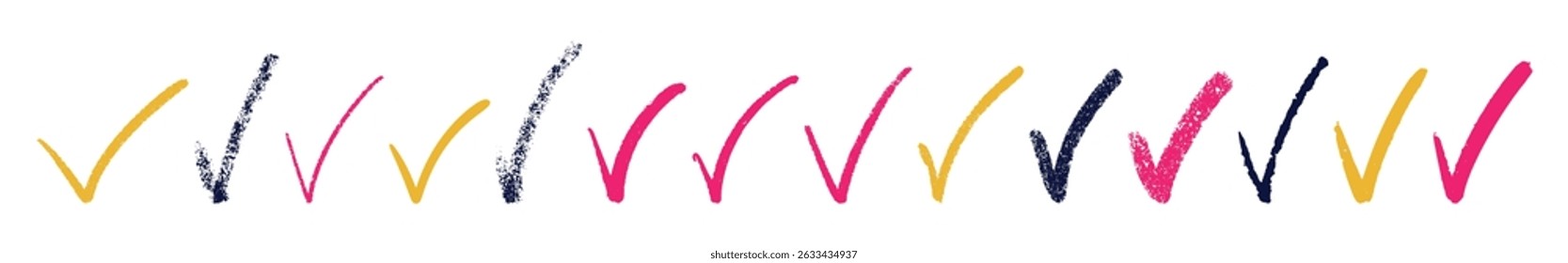 Marca de seleção de lápis desenhado à mão com caixa de tique. Faça o doodle dos símbolos da lista de verificação e corrija os sinais de marca. Ilustração de vetor plano isolada em fundo branco.