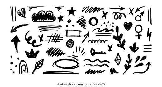 Hand-drawn pencil color brush elements, brush with crayon effect, chalk texture.Vector illustration in children's style. Crayon brush scribble, square, spiral, arrow.
