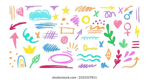 Hand-drawn pencil color brush elements, brush with crayon effect, chalk texture. Vector illustration in children's style. Crayon brush colored scribble, square, spiral, arrow.