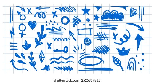 Hand-drawn pencil color brush elements on checkered background, brush with crayon effect. Vector illustration in children's style. Crayon brush  scribble, square, spiral, arrow.