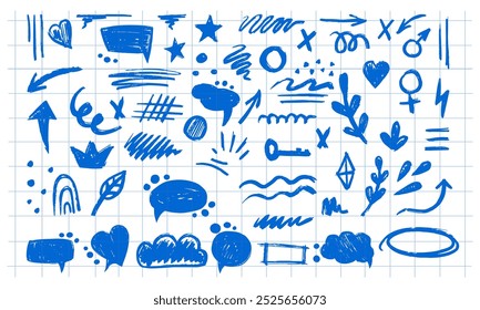 Handgezeichnete Stift-Farbpinselelemente auf kariertem Hintergrund, Pinsel mit Buntstift-Effekt. Vektorgrafik im Kinderstil. Bunte Kritzelbürste, quadratisch, Spirale, Pfeil.