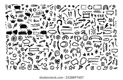 Elementos de pincel de cor de lápis desenhado à mão, pincel com efeito de giz de cera, ilustração texture.Vetor de giz no estilo infantil. Rabisco de escova de giz de cera, quadrado, espiral, seta.