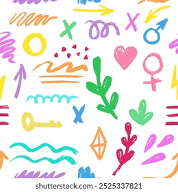 Hand-drawn pencil color brush seamless pattern, brush with crayon effect, chalk texture. Vector illustration in children's style. Crayon brush colored scribble, square, spiral, arrow.