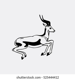 Hand-drawn pencil graphics, antelope, roe. Engraving, stencil style. Black and white logo, sign, emblem, symbol. Stamp, seal. Simple illustration. Sketch.