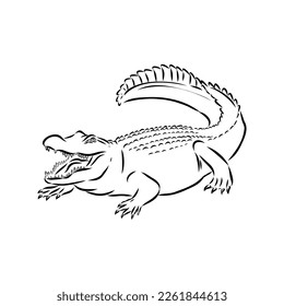 Hand-drawn pencil graphics, crocodile, alligator, croc. Engraving, stencil style. Black and white logo, sign, emblem, symbol. Stamp, seal. Simple illustration. Sketch.