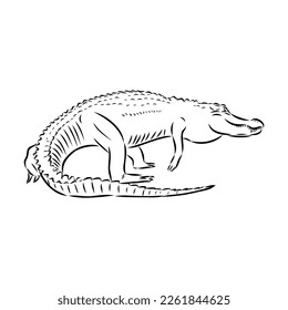 Hand-drawn pencil graphics, crocodile, alligator, croc. Engraving, stencil style. Black and white logo, sign, emblem, symbol. Stamp, seal. Simple illustration. Sketch.