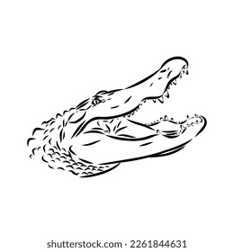 Hand-drawn pencil graphics, crocodile, alligator, croc. Engraving, stencil style. Black and white logo, sign, emblem, symbol. Stamp, seal. Simple illustration. Sketch.