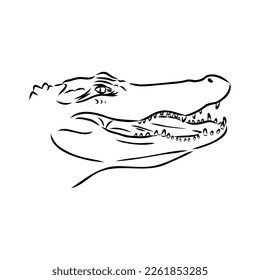 Hand-drawn pencil graphics, crocodile, alligator, croc. Engraving, stencil style. Black and white logo, sign, emblem, symbol. Stamp, seal. Simple illustration. Sketch.