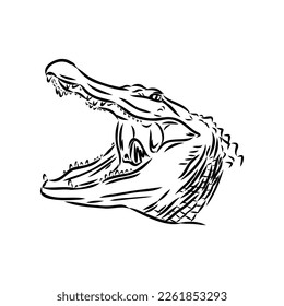 Hand-drawn pencil graphics, crocodile, alligator, croc. Engraving, stencil style. Black and white logo, sign, emblem, symbol. Stamp, seal. Simple illustration. Sketch.
