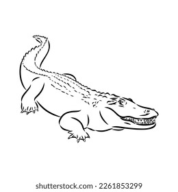 Hand-drawn pencil graphics, crocodile, alligator, croc. Engraving, stencil style. Black and white logo, sign, emblem, symbol. Stamp, seal. Simple illustration. Sketch.