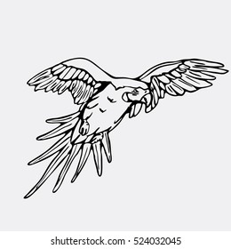 Hand-drawn pencil graphics, parrot, macaw. Engraving, stencil style. Black and white logo, sign, emblem, symbol. Stamp, seal. Simple illustration. Sketch.