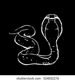 Hand-drawn pencil graphics, snake, cobra. Engraving, stencil style. Black and white logo, sign, emblem, symbol. Stamp, seal. Simple illustration. Sketch.