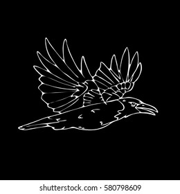 Hand-drawn pencil graphics,small bird, jackdaw, magpie, bird, blackbird,  crow, raven. Engraving, stencil style. Black and white logo, sign, emblem, symbol. Stamp, seal. Simple illustration. Sketch.