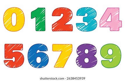 Hand-drawn pencil numbers set from 0 to 9. Sketchy style digits with textured strokes that resemble real pencil lines. Perfect for educational materials, worksheets, children’s books