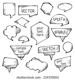 Hand-drawn pencil speech bubbles. Sketch objects isolated on white background. 