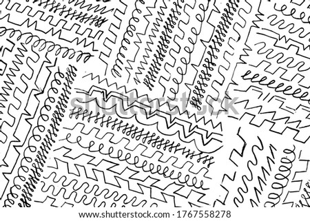 Hand-drawn pencil squiggles, zigzags, spirals. Background of a child's drawing, lines with zigzags and swirls. Vector illustration. Overlay template.