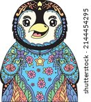 Hand-drawn Penguin doodle with flower decorative elements design. Coloring page for adults and kids. Vector Illustration.