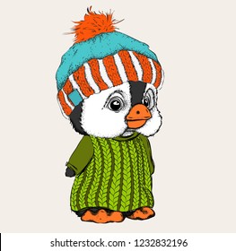 hand-drawn penguin in warm winter clothes. Funny penguin in a hat in the yard. Congratulatory postcard Merry Christmas and Happy New Year. Vector illustration