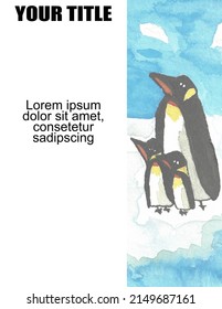 Hand-drawn penguins with copy space. It is a water color painting.
