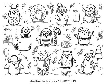 Handgezeichneter Pinguinsatz. Neujahr und Weihnachten große Menge Pinguine einzeln auf weißem Hintergrund. Vektorgrafik