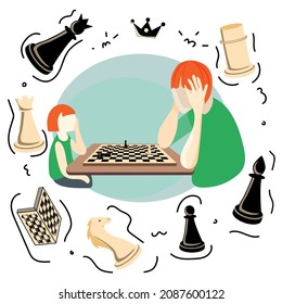 Hand-drawn people at a game of chess. Set of cartoon chess game, chess pieces. Doodle sketch style. Vector illustration.