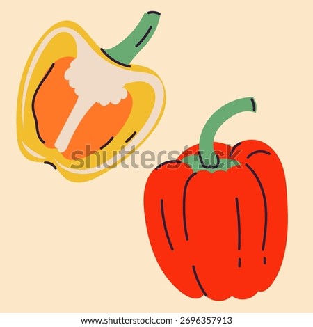 Hand-drawn pepper illustration in flat, doodle, minimalist style. Simple vector design featuring whole peppers , slices, and branches. Perfect for food packaging, kitchen prints, menus, and healthy 