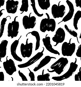 Hand-drawn peppers seamless pattern. Brush drawn vegetables silhouettes. Background with capsicums. Black ink illustration. Silhouettes with dry brush strokes texture. Sketch style drawing.