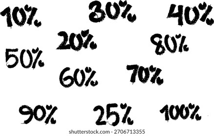 Conjunto de Números Porcentuais Desenhados à Mão, Marcador Áspero Estilizado 20% 30% 60% 70% Coleção de Tipografia, Elementos de Número de Esboço Artístico no Fundo Limpo"