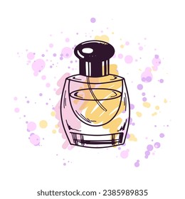 Hand-drawn perfume bottle, beauty cosmetic element, self care. Illustration on a watercolor pastel background with splashes of paint. Useful for beauty salon, cosmetic store. Doodle sketch style.