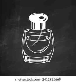 Hand-drawn perfume bottle, beauty cosmetic element, self care on chalkboard background. Illustration for beauty salon, cosmetic store, makeup design. Doodle sketch style.