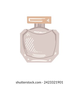 Hand-drawn perfume bottle, beauty cosmetic element, self care. Illustration for beauty salon, cosmetic store, makeup design. Colored flat style. 