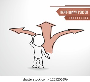 Hand-drawn person at the crossroads. Sketch vector illustration. Undecided concept.