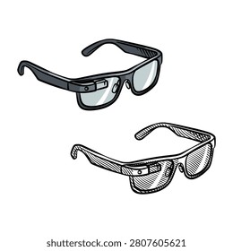 Hand-drawn perspective vector illustration of smart glasses and augmented reality eyewear in a detailed line art sketch style. This clean monochrome technical graphic is perfect for futuristic wearable tech blogs, metaverse infographics, and AI device layouts.
