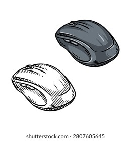 Hand-drawn perspective vector illustration of a wireless computer mouse in a detailed line art sketch style. This monochrome technical graphic is ideal for tech gadget reviews, modern office equipment infographics, and digital workspace layouts.
